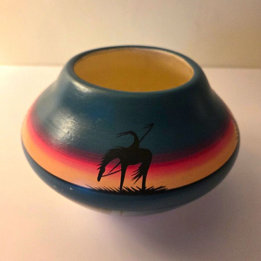 Navajo End Of The Trail Art Pottery Decorative Bowl, Hand-Painted Blue w Sunset.